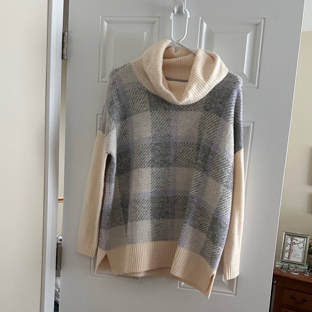 LOFT Plaid Cowl Neck Sweater - Cream and Gray